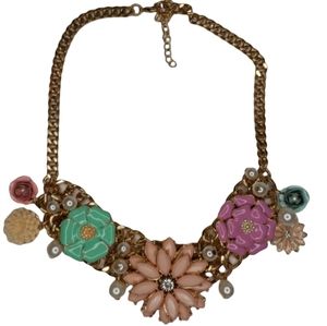 Floral and Pearl Statement Enamel and Metal Chunky Gold Chain Necklace